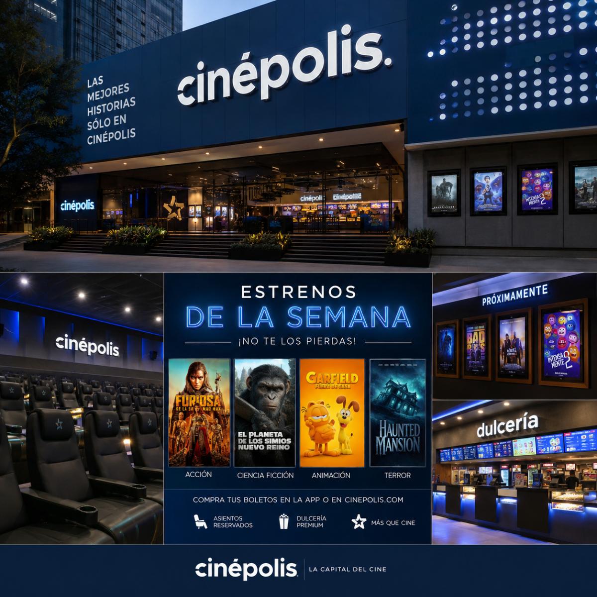 Fachada e interiores de una sala de cine de Cinépolis en la CDMX anunciando los estrenos semanales y carteles de película